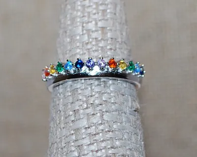 Size 6 Marked .925 Delicate Half Infinity MULTICOLOR Tiny STONES RING on a Silver Band (2.0g)
