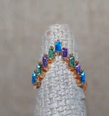Size 6½ Multicolor Set of 9 Purple, Green + Blue "BIG LETTER V Shape" BAGUETTES RING on a Gold Tone Band (2.5g)