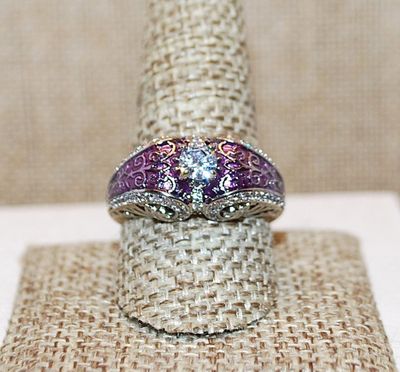 Size 10 Marked .925 "Puffy" VIOLET Party Ring with a Single Main Clear Round Stone on a Silver Band (6.9g)