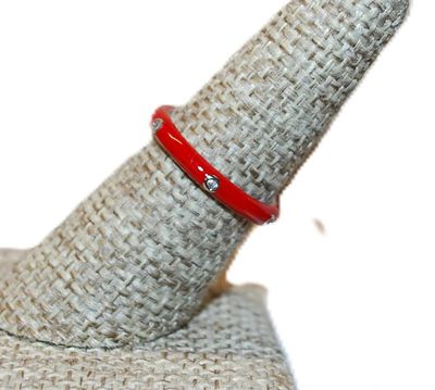 Size 9 Delicate RED Enamel Ring with 6 Accent Clear Stones on a Silver Tone Band (2.4g) - STACK ALL COLORS for a REAL IMPACT