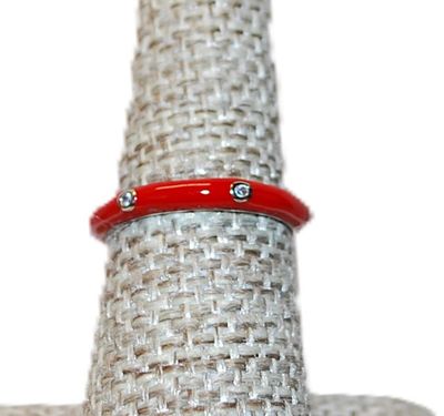 Size 10 Delicate RED Enamel Ring with 6 Accent Clear Stones on a Silver Tone Band (2.4g) - STACK ALL COLORS for a REAL IMPACT
