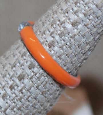 Size 9 Bright Orange Enamel Style Ring with Single Round Stone (2.8g)
