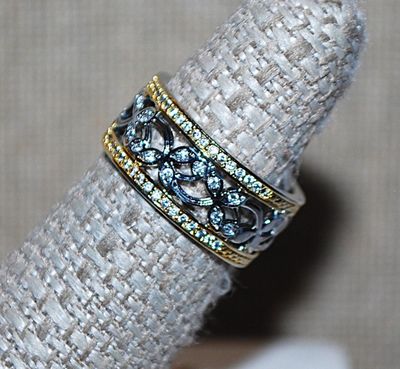 Size 6¼ Infinity-Style (⅔) TWO TONE RING with Gold Tone Jeweled Outer Edges and Silver Tone Jeweled Inner Rim and on a Graphic Design...