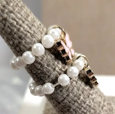Size 3-4 Double Child's STRETCH Faux "Pearls & Butterflies" RINGS with Enameled Pink and White Butterflies