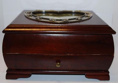 Large Dark Wood JEWELRY BOX with Gold Tone Brushed Metal "HEART" (Suitable for Photo) Mirror 8" x 6" x 5"