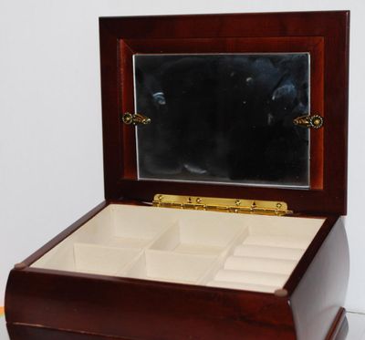 Large Dark Wood JEWELRY BOX with Gold Tone Brushed Metal "HEART" (Suitable for Photo) Mirror 8" x 6" x 5"