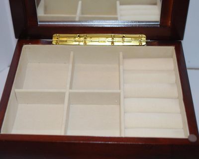 Large Dark Wood JEWELRY BOX with Gold Tone Brushed Metal "HEART" (Suitable for Photo) Mirror 8" x 6" x 5"