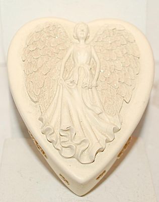 Marked "Angel Star ©2002" -- All White Angel "Heart Shaped" Jewelry "Wishing Box" Trinket Box with Embossed...