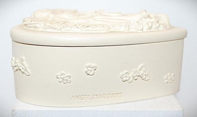 Marked "Angel Star ©2002" -- All White Angel "Heart Shaped" Jewelry "Wishing Box" Trinket Box with Embossed...