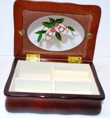 Scalloped Edge Lacquered Wooden JEWELRY BOX with Oval Glass Enameled Styled Flower Design + White Interior 6" x 4" x 2"