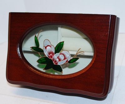 Scalloped Edge Lacquered Wooden JEWELRY BOX with Oval Glass Enameled Styled Flower Design + White Interior 6" x 4" x 2"
