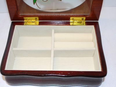 Scalloped Edge Lacquered Wooden JEWELRY BOX with Oval Glass Enameled Styled Flower Design + White Interior 6" x 4" x 2"