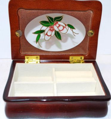Scalloped Edge Lacquered Wooden JEWELRY BOX with Oval Glass Enameled Styled Flower Design + White Interior 6" x 4" x 2"
