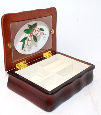 Scalloped Edge Lacquered Wooden JEWELRY BOX with Oval Glass Enameled Styled Flower Design + White Interior 6" x 4" x 2"
