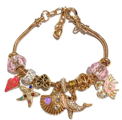 "SEASHORE EXTRAVGANZA" BRACELET with Pink Whale, Lobster, and Seashell; Jeweled Clam and Starfish; Rings of Pearls+Jewels; Gold...