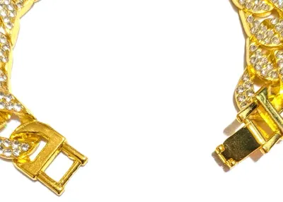 **NEW ARRIVAL** VERY JEWELED Gold Colored BRACELET (2⅛" Opening) with Clear Stones on LARGE LINKS and SNAP-OVER Clasp