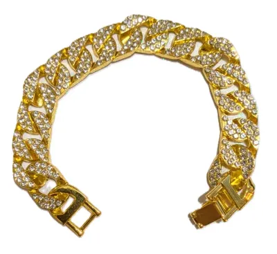 **NEW ARRIVAL** VERY JEWELED Gold Colored BRACELET (2⅛" Opening) with Clear Stones on LARGE LINKS and SNAP-OVER Clasp
