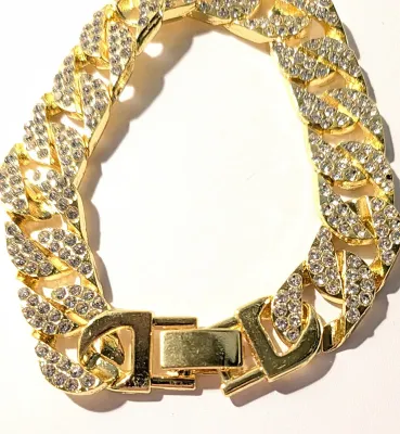 **NEW ARRIVAL** VERY JEWELED Gold Colored BRACELET (2⅛" Opening) with Clear Stones on LARGE LINKS and SNAP-OVER Clasp