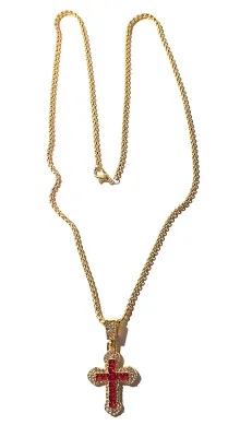 **NEW ARRIVAL** JEWELED RED & GOLD CROSS NECKLACE / PENDANT with Red and Clear Stones and Rounded Link Chain (22" L) + Lobster...