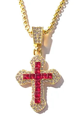 **NEW ARRIVAL** JEWELED RED & GOLD CROSS NECKLACE / PENDANT with Red and Clear Stones and Rounded Link Chain (22" L) + Lobster...