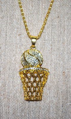 ***NEW SALE PRICE*** Fun BEJEWELED BASKETBALL & HOOP PENDANT / NECKLACE with Gold Tone "Snake Scales" Necklace Chain and...