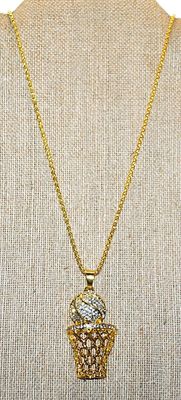 ***NEW SALE PRICE*** Fun BEJEWELED BASKETBALL & HOOP PENDANT / NECKLACE with Gold Tone "Snake Scales" Necklace Chain and...