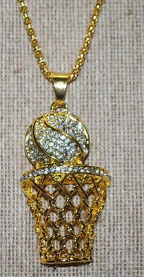 ***NEW SALE PRICE*** Fun BEJEWELED BASKETBALL & HOOP PENDANT / NECKLACE with Gold Tone "Snake Scales" Necklace Chain and...