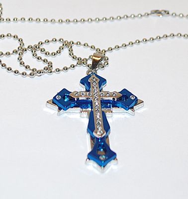 ***NEW SALE PRICE*** Blue & Silver Colored LAYERED Bejeweled CROSS (2" x ½") PENDANT / NECKLACE Combo with Silver Tone Ball...