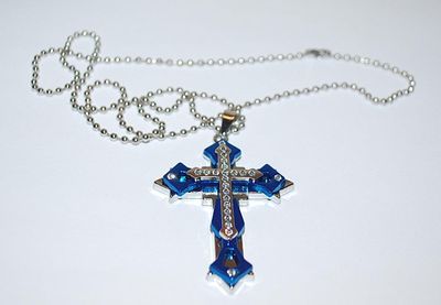 ***NEW SALE PRICE*** Blue & Silver Colored LAYERED Bejeweled CROSS (2" x ½") PENDANT / NECKLACE Combo with Silver Tone Ball...