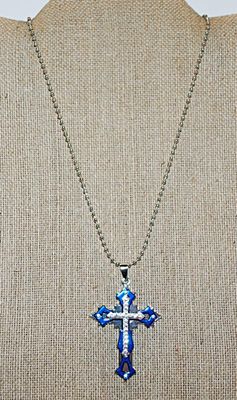 ***NEW SALE PRICE*** Blue & Silver Colored LAYERED Bejeweled CROSS (2" x ½") PENDANT / NECKLACE Combo with Silver Tone Ball...