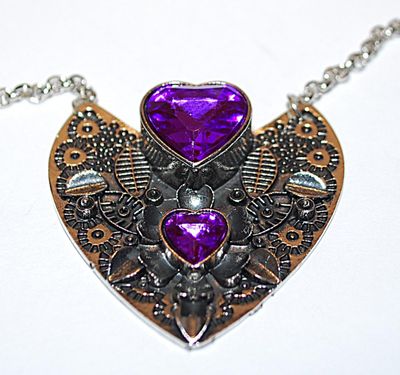 ***NEW SALE PRICE*** Double PURPLE HEARTS NECKLACE / PENDANT Combo (1½" x 1½") on a Metal Cut-Out Heart Setting Designed with...