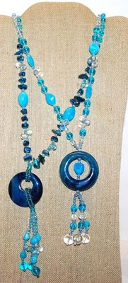 Collection of 2 BLUE RING Slip-Over NECKLACES with Blue and Green Accents 36" L