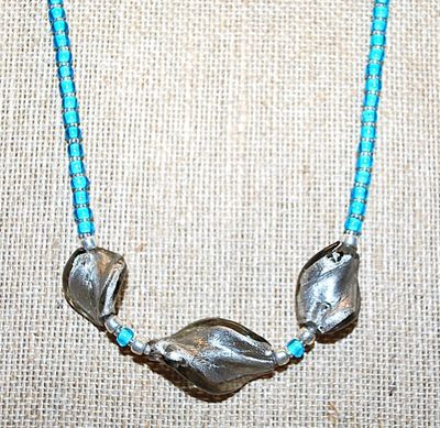 Triple "Molten Style" Acrylic Gray Stones NECKLACE with Blue Bead Chain and Barrel Style Clasp 18" L