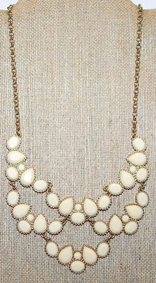Beige TEARDROP STONES NECKLACE Outlined in Gold Colored Setting with a Lobster Clasp 18" L