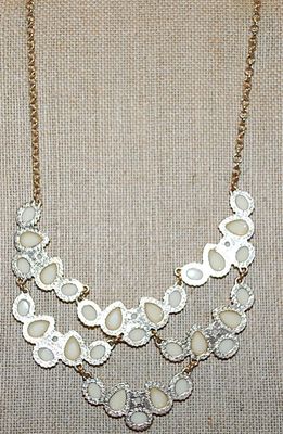 Beige TEARDROP STONES NECKLACE Outlined in Gold Colored Setting with a Lobster Clasp 18" L