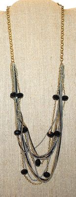 Gold, Silver & Black Colored "Lots of Chains" NECKLACE with Black Prism Bead Accents and Lobster Clasp 24" L
