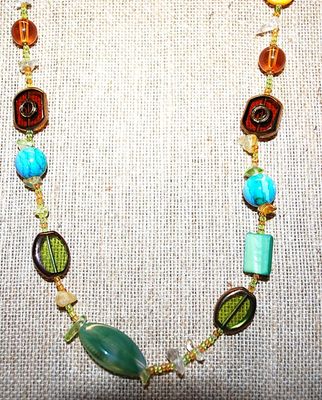 Assorted Acrylic Shapes & Colors NECKLACE with Large Bottom Green Stone and Lobster Clasp 30" L