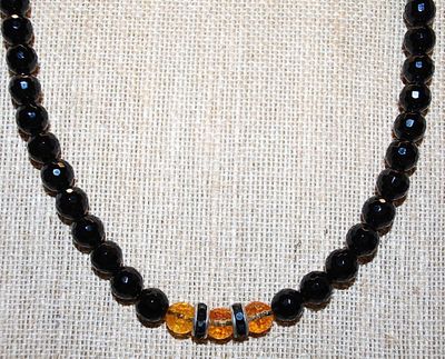 ELASTIC Black Beveled Stone NECKLACE with Triple Amber Colored Stone Accents 14"-16" L