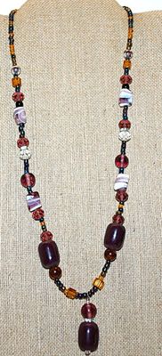 Purple & White Barrels, Globes, Chunk Stones NECKLACE with Amber, Clear + Green Highlight Stones and Screw Barrel Clasp 27" L