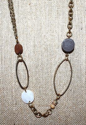 White, Brown & Gold Colored LOOPS, OVALS & SQUARES Wrap-Around NECKLACE with Lobster Clasp and Gold Tone Chain 38" L