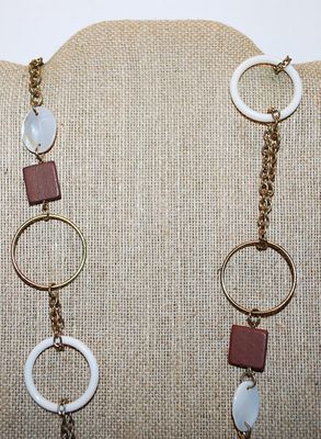 White, Brown & Gold Colored LOOPS, OVALS & SQUARES Wrap-Around NECKLACE with Lobster Clasp and Gold Tone Chain 38" L