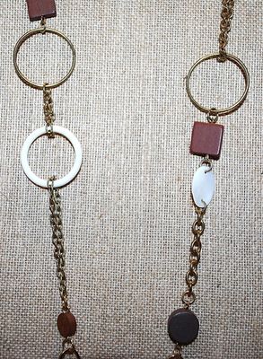 White, Brown & Gold Colored LOOPS, OVALS & SQUARES Wrap-Around NECKLACE with Lobster Clasp and Gold Tone Chain 38" L