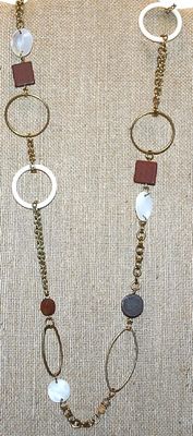 White, Brown & Gold Colored LOOPS, OVALS & SQUARES Wrap-Around NECKLACE with Lobster Clasp and Gold Tone Chain 38" L