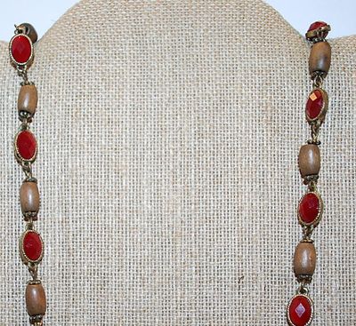 Oval Bright RED Beveled Beads Wrap-Around NECKLACE Intertwined with Wooden Beads and a Lobster Clasp 30" L