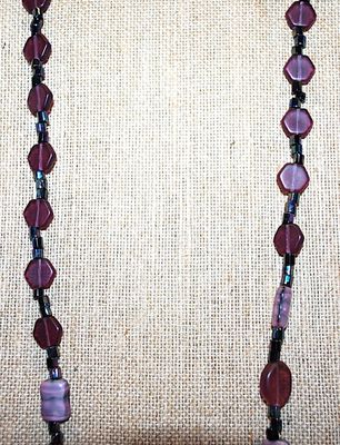 Deep Purple Hex, Oval & Rectangle Shaped ACRYLIC BEAD NECKLACE with Black Spacers and Barrel Screw Clasp 26" L