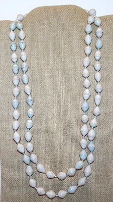 Pale White, Spectacled & Blue Striped Oval Teardrop Bead NECKLACE with Tiny Clear Spacers and Cylinder Screw Clasp 22" L