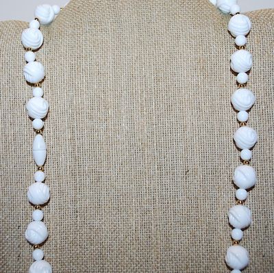 White Plastic Beaded NECKLACE with Small Gold Colored Globe Dividers 26" L