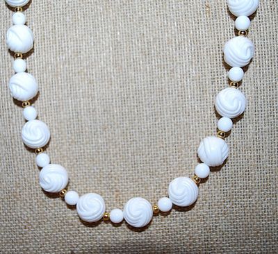 White Plastic Beaded NECKLACE with Small Gold Colored Globe Dividers 26" L
