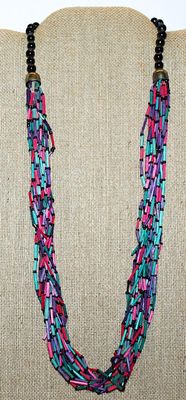 Green, Red & Purple "TUBE STYLE BEADED" NECKLACE with Black Globes Neck Beads & Curved Hook Clasp 26" L