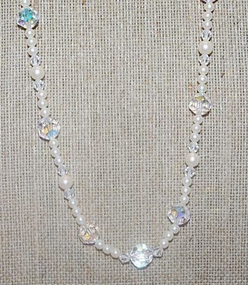 Loaded Faux Pearls NECKLACE with Clear Prism Spacers and a Circle Clasp 26" L
